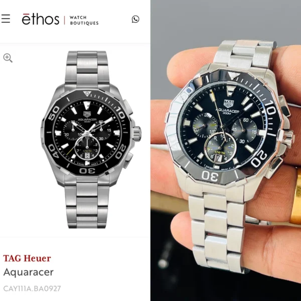 Brand Tag Heuer (7AAA First Copy) Model Aquaracer Calibre 5 Dial Size 45mm Dial Color Black Movement Type Japanese Quartz Display Type Analog with Chronograph Strap Material Stainless Steel